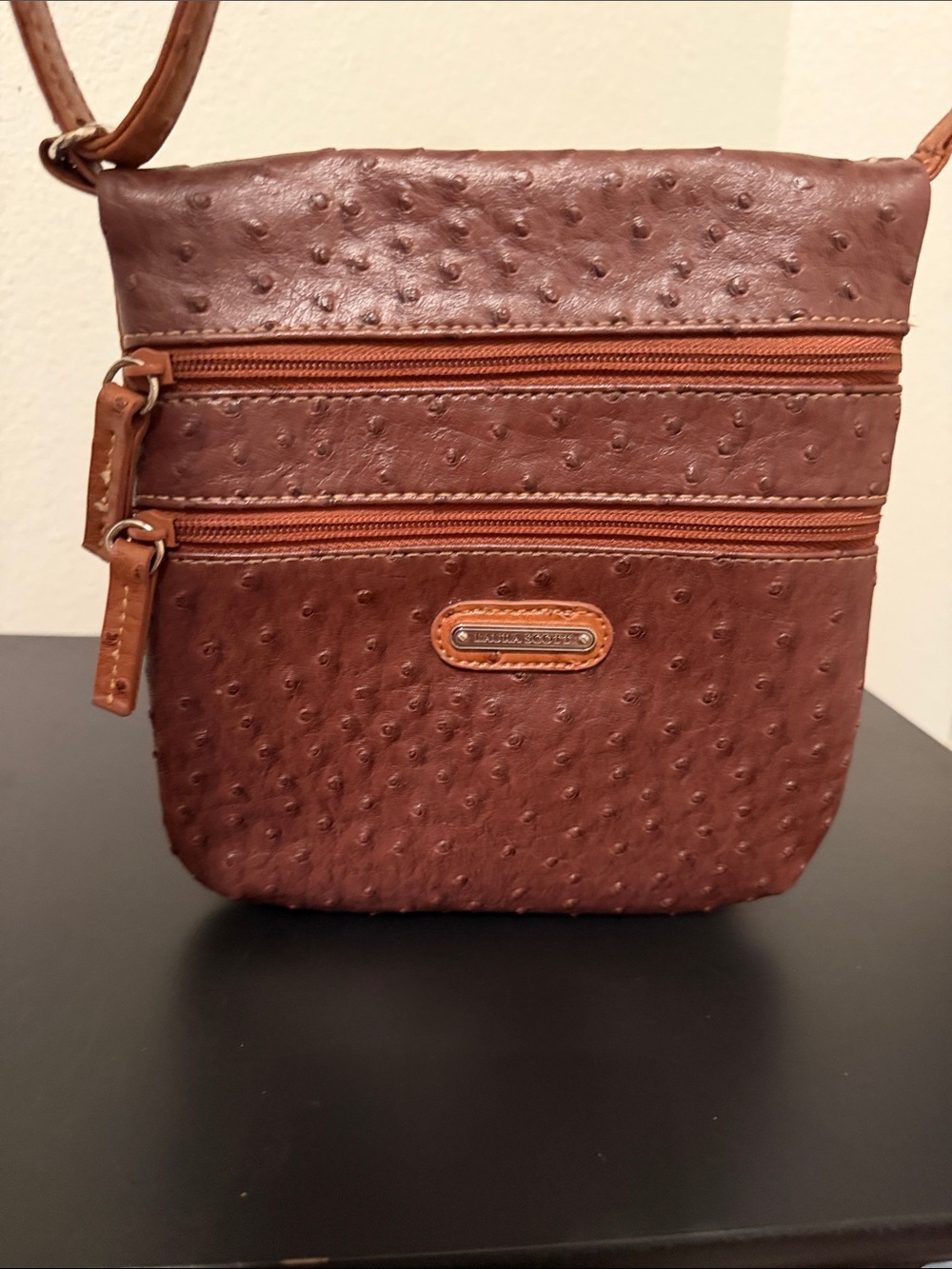 Laura Scott Crossbody Bag in Brown Faux Ostrich Leather
